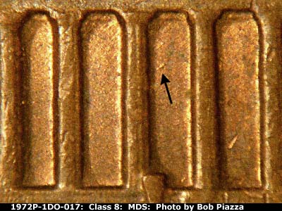Die-stage B marker on 1972P•1DO•017 (1972 Doubled Die Obverse).