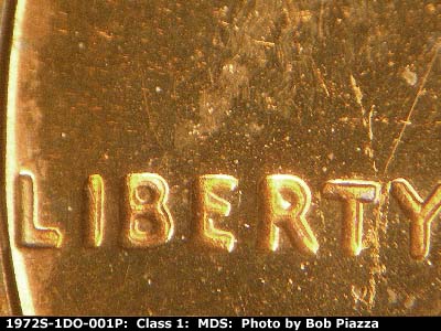 Die-stage B marker on 1972S•1DO•001P (1972 Doubled Die Obverse).