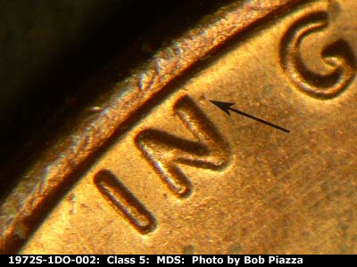 Die-stage B marker on 1972S•1DO•002 (1972 Doubled Die Obverse).