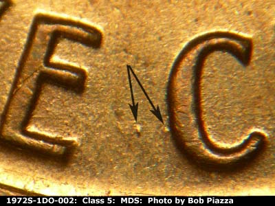 Die-stage B marker on 1972S•1DO•002 (1972 Doubled Die Obverse).