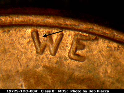 Die-stage B marker on 1972S•1DO•004 (1972 Doubled Die Obverse).
