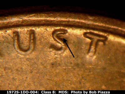 Die-stage B marker on 1972S•1DO•004 (1972 Doubled Die Obverse).