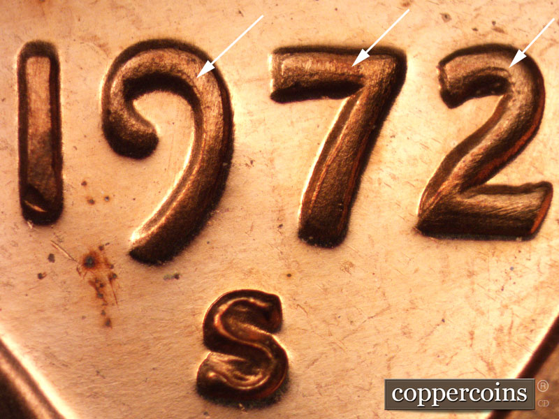 Die-stage A marker on 1972S•1DO•005P (1972 Doubled Die Obverse).