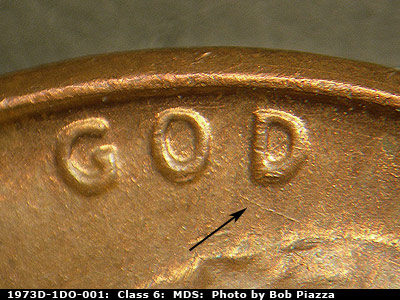 Die-stage B marker on 1973D•1DO•001 (1973 Doubled Die Obverse).