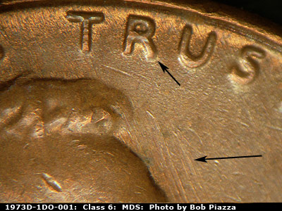 Die-stage B marker on 1973D•1DO•001 (1973 Doubled Die Obverse).