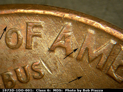 Die-stage B marker on 1973D•1DO•001 (1973 Doubled Die Obverse).