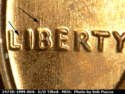 Die-stage B marker on 1973D•1MM•004 (1973 Repunched Mint Mark).
