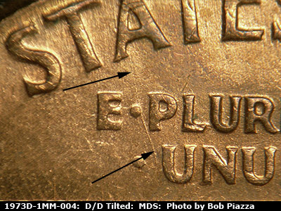 Die-stage B marker on 1973D•1MM•004 (1973 Repunched Mint Mark).