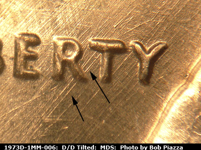 Die-stage B marker on 1973D•1MM•006 (1973 Repunched Mint Mark).