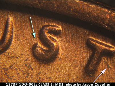 Die-stage B marker on 1973P•1DO•002 (1973 Doubled Die Obverse).