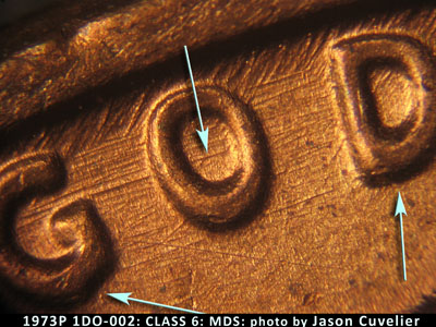 Die-stage B marker on 1973P•1DO•002 (1973 Doubled Die Obverse).
