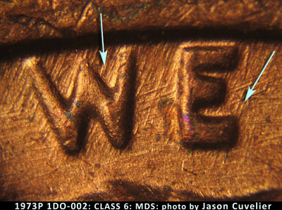 Die-stage B marker on 1973P•1DO•002 (1973 Doubled Die Obverse).
