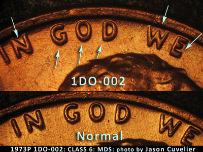 Die-stage B marker on 1973P•1DO•002 (1973 Doubled Die Obverse).