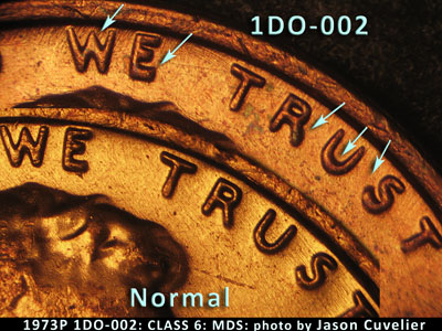 Die-stage B marker on 1973P•1DO•002 (1973 Doubled Die Obverse).