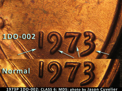 Die-stage B marker on 1973P•1DO•002 (1973 Doubled Die Obverse).