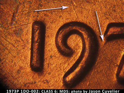 Die-stage B marker on 1973P•1DO•002 (1973 Doubled Die Obverse).