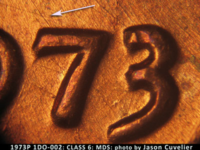 Die-stage B marker on 1973P•1DO•002 (1973 Doubled Die Obverse).