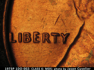 Die-stage B marker on 1973P•1DO•002 (1973 Doubled Die Obverse).