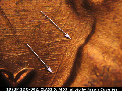 Die-stage B marker on 1973P•1DO•002 (1973 Doubled Die Obverse).