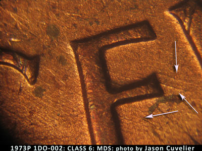 Die-stage B marker on 1973P•1DO•002 (1973 Doubled Die Obverse).