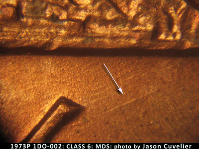 Die-stage B marker on 1973P•1DO•002 (1973 Doubled Die Obverse).
