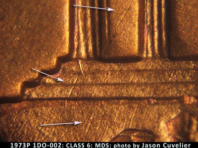 Die-stage B marker on 1973P•1DO•002 (1973 Doubled Die Obverse).
