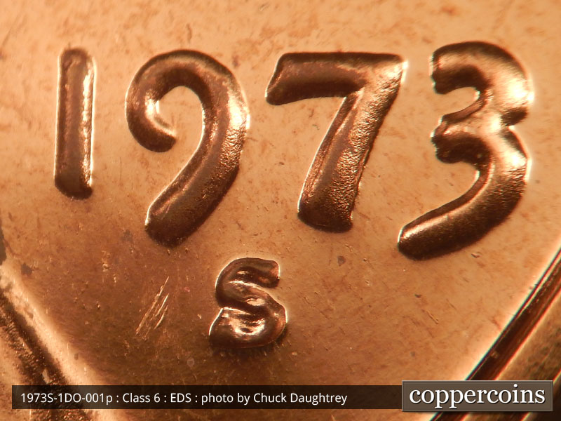 Die-stage A marker on 1973S•1DO•001P (1973 Doubled Die Obverse).