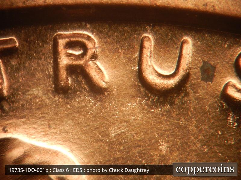 Die-stage A marker on 1973S•1DO•001P (1973 Doubled Die Obverse).