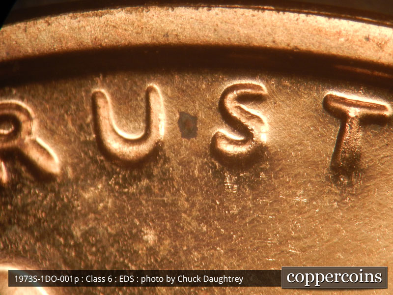 Die-stage A marker on 1973S•1DO•001P (1973 Doubled Die Obverse).
