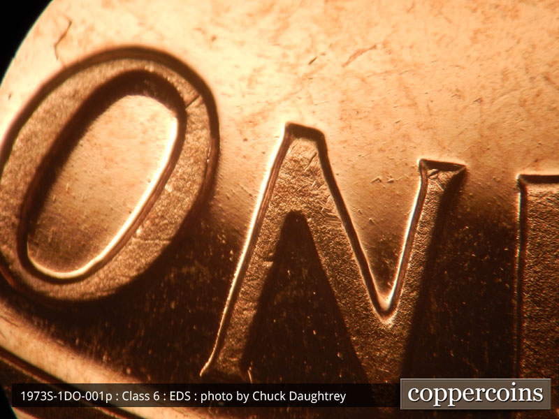 Die-stage A marker on 1973S•1DO•001P (1973 Doubled Die Obverse).