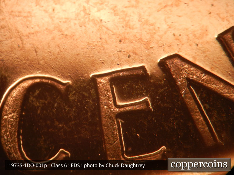 Die-stage A marker on 1973S•1DO•001P (1973 Doubled Die Obverse).