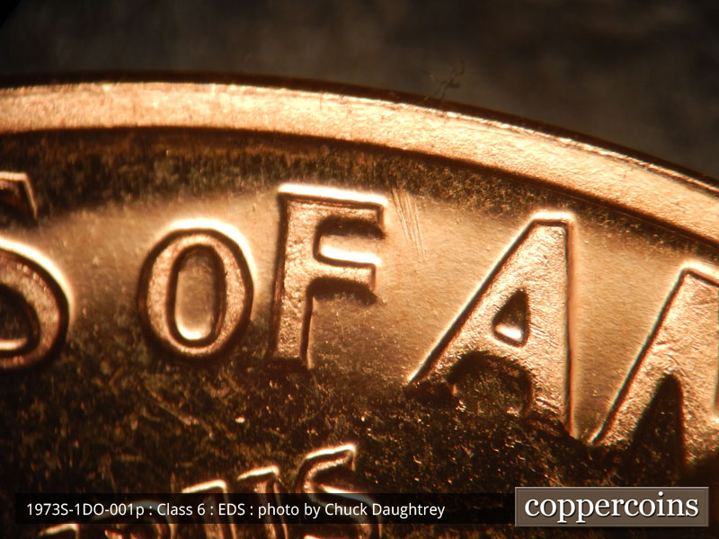 Die-stage A marker on 1973S•1DO•001P (1973 Doubled Die Obverse).