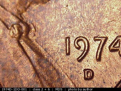 Die-stage B marker on 1974D•1DO•001 (1974 Doubled Die Obverse).