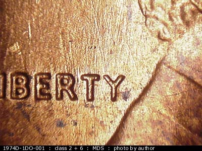 Die-stage B marker on 1974D•1DO•001 (1974 Doubled Die Obverse).