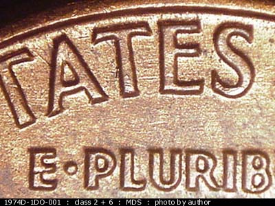 Die-stage B marker on 1974D•1DO•001 (1974 Doubled Die Obverse).