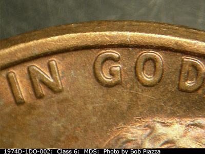 Die-stage B marker on 1974D•1DO•002 (1974 Doubled Die Obverse).