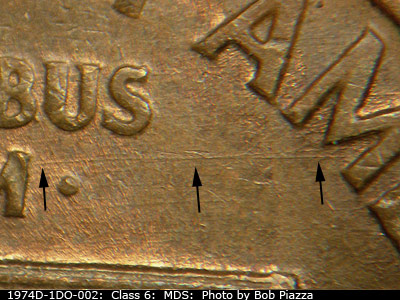 Die-stage B marker on 1974D•1DO•002 (1974 Doubled Die Obverse).