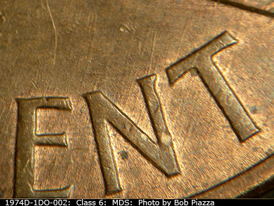 Die-stage B marker on 1974D•1DO•002 (1974 Doubled Die Obverse).