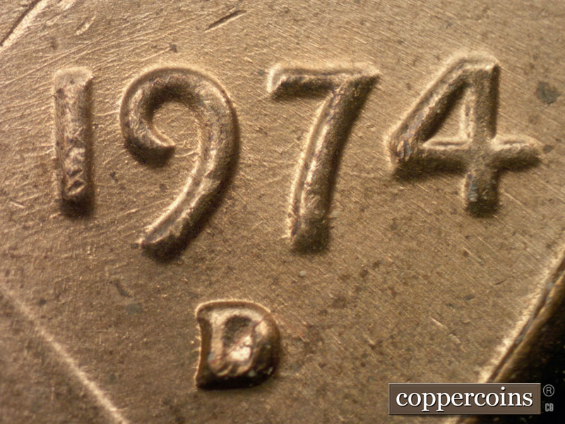 Die-stage B marker on 1974D•1DO•004 (1974 Doubled Die Obverse).