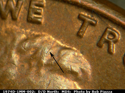 Die-stage B marker on 1974D•1MM•002 (1974 Repunched Mint Mark).