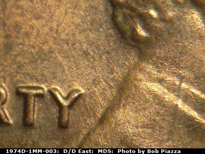 Die-stage B marker on 1974D•1MM•003 (1974 Repunched Mint Mark).