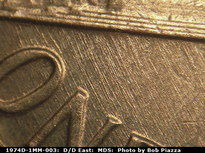 Die-stage B marker on 1974D•1MM•003 (1974 Repunched Mint Mark).