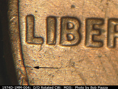 Die-stage B marker on 1974D•1MM•004 (1974 Repunched Mint Mark).