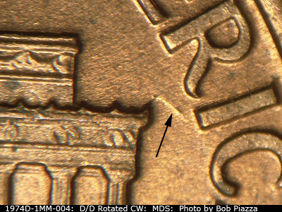 Die-stage B marker on 1974D•1MM•004 (1974 Repunched Mint Mark).