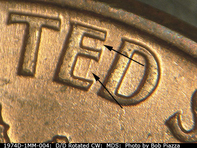 Die-stage B marker on 1974D•1MM•004 (1974 Repunched Mint Mark).