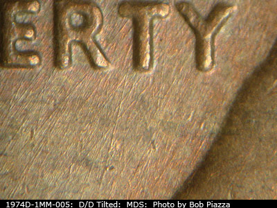 Die-stage B marker on 1974D•1MM•005 (1974 Repunched Mint Mark).
