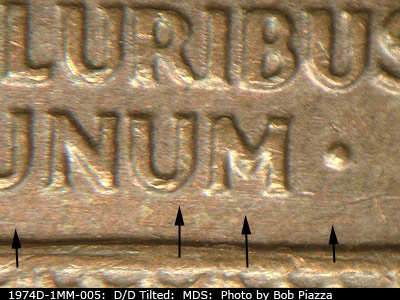 Die-stage B marker on 1974D•1MM•005 (1974 Repunched Mint Mark).