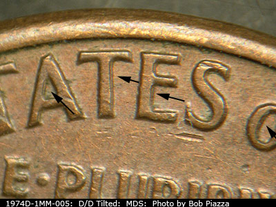 Die-stage B marker on 1974D•1MM•005 (1974 Repunched Mint Mark).