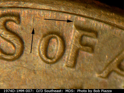 Die-stage B marker on 1974D•1MM•007 (1974 Repunched Mint Mark).