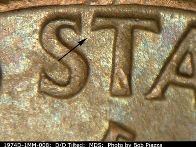 Die-stage B marker on 1974D•1MM•008 (1974 Repunched Mint Mark).
